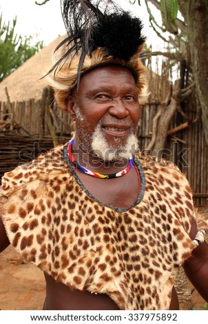 ESHOWE, SOUTH AFRICA - MARCH 13: An unknown Zulu elder wears traditional clothing. The Zulu people number over 9 million with the majority in KwaZulu-Natal.. On March 13, 2004 in Eshowe, South Africa.