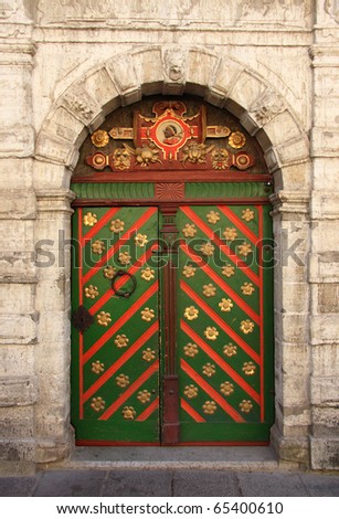 Estonia Tallinn Medieval Baltic city Ornate door of the House of the Brotherhood of the Blackheads
