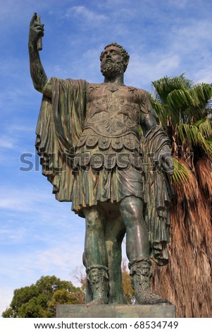 Libya, Tripoli, Leptis Magna Roman archaeological site - Unesco World Heritage site Bronze statue of Septimius Severus at entrance