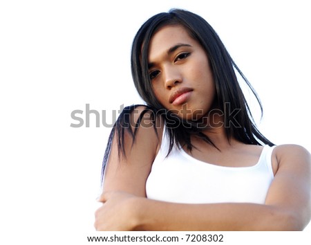 Profile of attractive young multi racial woman looking down at camera