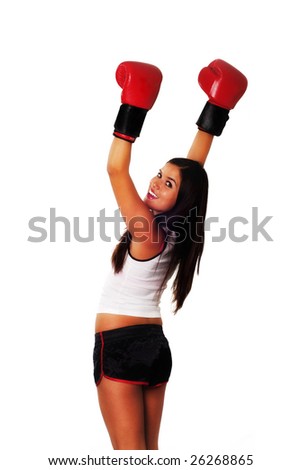 Sexy Cute Young Woman Wearing Boxing Gloves With Arms Raised Stock 