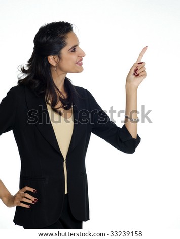 Business woman pointing to side