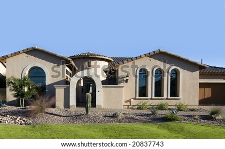 stock photo attractive modern home exterior with blue sky copy space