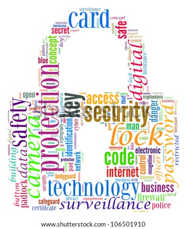 Security info-text graphics composed in padlock shape concept (word clouds) on  white background