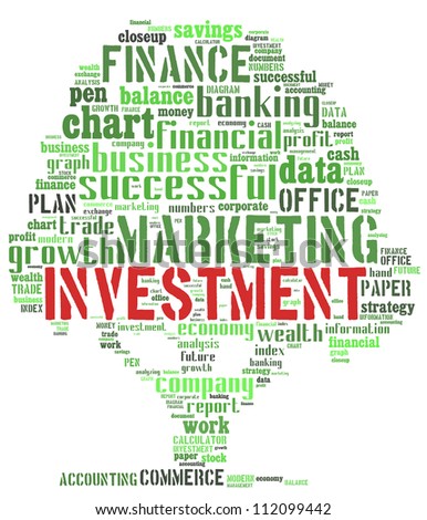 Business Investment info-text graphics composed in tree shape concept on white background (word clouds)