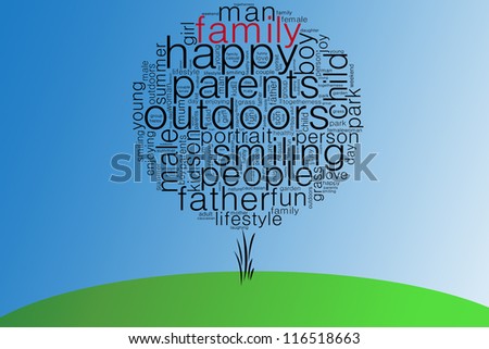 Family word cloud concept in tree form on blue sky