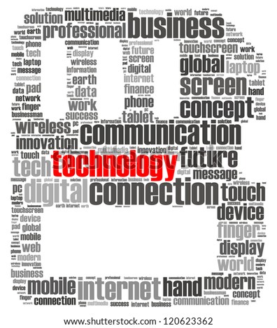 Technology info-text graphics composed in memory card shape concept (word clouds) on white background
