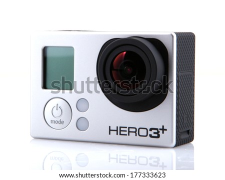 AYTOS BULGARIA FEBRUARI 17 2014 GoPro HERO3& Black Edition isolated on white background GoPro is a brand of high-definition personal cameras often used in extreme action video photography AYTOS BULGARIA FEBRUARI 17 2014 GoPro HERO3& Black Edition isolated on white background GoPro is a brand of high-definition personal cameras often used in extreme action video photography