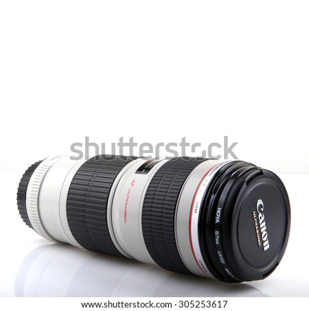 AYTOS, BULGARIA - AUGUST 11, 2015: Canon EF 70-200mm f/4L USM Lens. Canon Inc. is a Japanese multinational corporation specialized in the manufacture of imaging and optical products.
