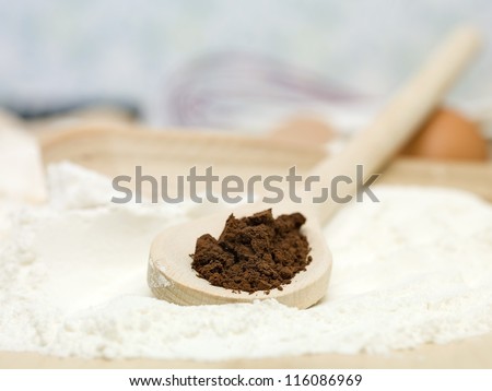 closeup detail of some brown, powder condiment, placed on a wooden spoon , on a bed of flour