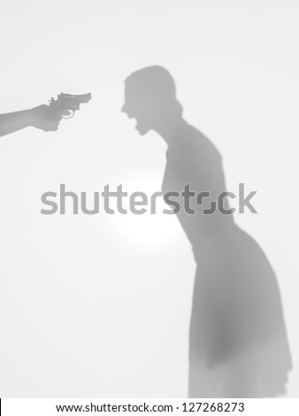 woman body silhouette standing and screaming, beeing thretened with a gun, behind a diffuse surface