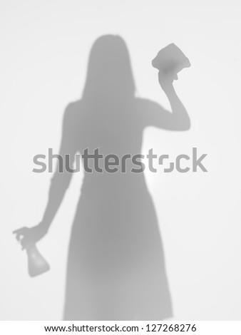 front view of woman holding a liquid detergent container and a rag, cleaning, behind a diffuse surface