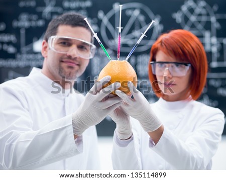 close-up of two researchers in a chemistry lab holding in hands and observing an injected grapefruit
