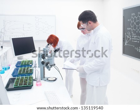 side view of a researcher  teaching and supervising two women in a chemistry lab around a worktable with seedlings and  lab devices and tools with a white board on the background