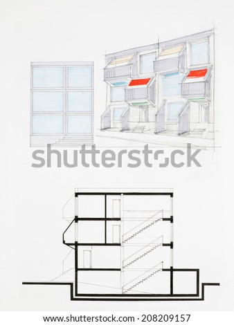 colored architectural blueprint of modern house facade, drawn by hand