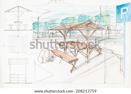 colorful architectural sketch of car park and rest place, drawn by hand