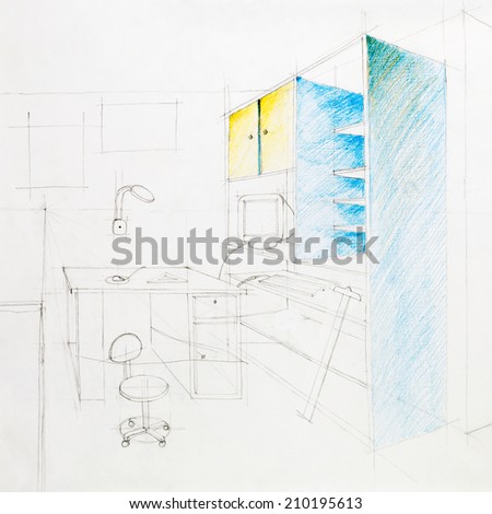 architectural perspective of an interior working space, drawn by hand