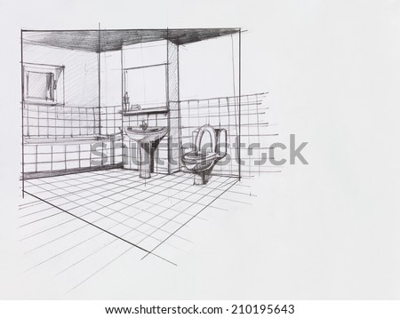 interior hand drawn perspective of an apartment bathroom