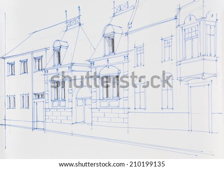 architectural blueprint of building facade, drawn by hand