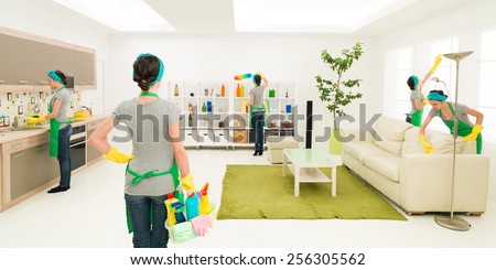 woman cleaning house at the same time in different places while one is supervising progress