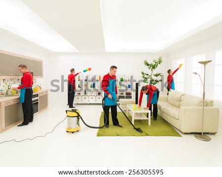 young caucasian handsome man cleaning living room in different places at the same time, digital composite image