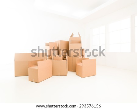 pile of moving boxes in empty house. copy space available