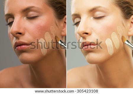 closeup portrait woman trying different shades foundation before and after retouching