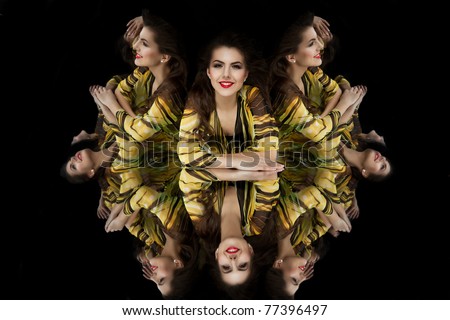 brunette girl shopping bag kaleidoscope mirrors smiling