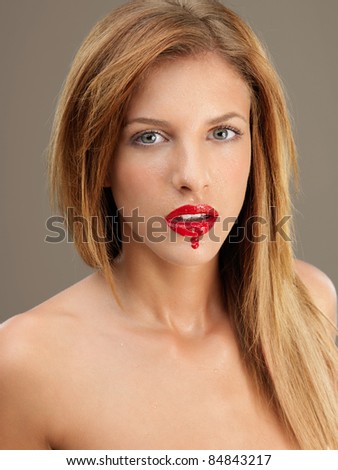 beauty portrait sexy woman lipstick running down