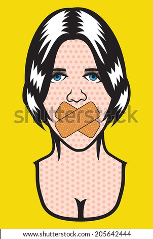 Scared woman with tape over her mouth