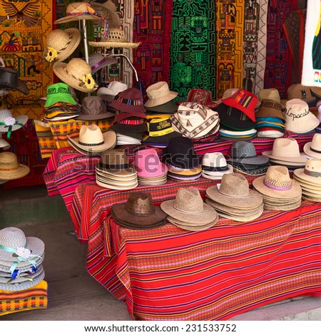 COPACABANA, BOLIVIA - OCTOBER 19, 2014: Big variety of hats outside a souvenir and handicraft shop in the small tourist town on the shore of Lake Titicaca on October 19, 2014 in Copacabana, Bolivia.