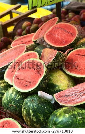 LA PAZ, BOLIVIA - NOVEMBER 10, 2014: Watermelon stand along Max Paredes street in the city center on November 10, 2014 in La Paz, Bolivia (Selective Focus, Focus one third into the image)