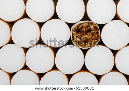 Cigarette without filter in between ones with filter as background