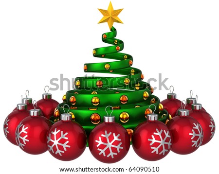 stock photo : Stylized Christmas tree inside red shining baubles. New Year greeting card composition. This is a detailed 3D rendering (Hi-Res). Isolated on white
