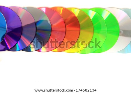 DVD and CD data disc in the rainbow colors isolated on the white background