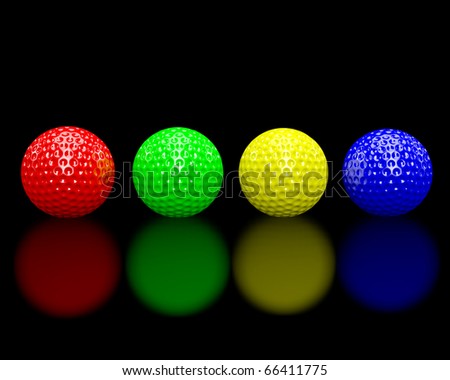 Rainbow colored golf balls on a glossy black floor.