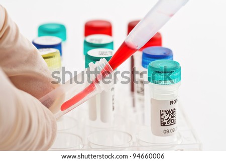 Handling of reaction tubes in life science laboratory, pipetting of red liquid into a single vial