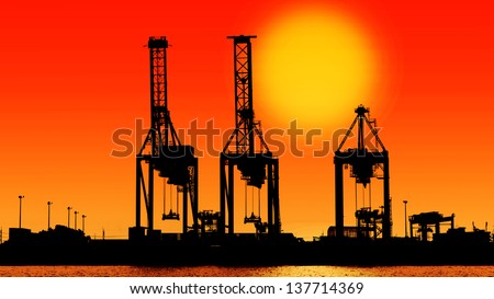 silhouette industrial shipping port with sun