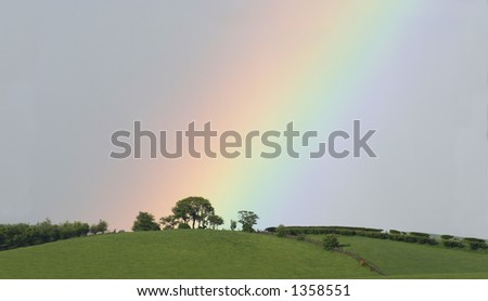 A rainbow descends to a sunlit, tree-lined hilltop