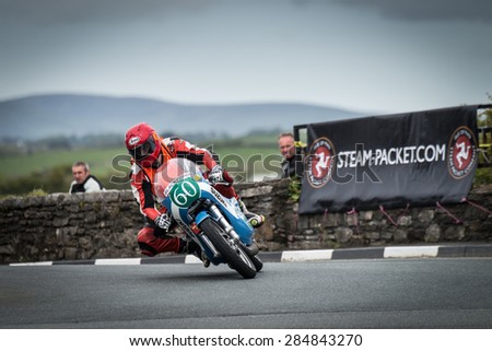 ISLE OF MAN, UK - MAY 30: A rider in the Southern 100 motorcycle singles race, the Pre TT Classic Road Race undergoing practice on 30 May 2015 in the Isle of Man (Public Event)