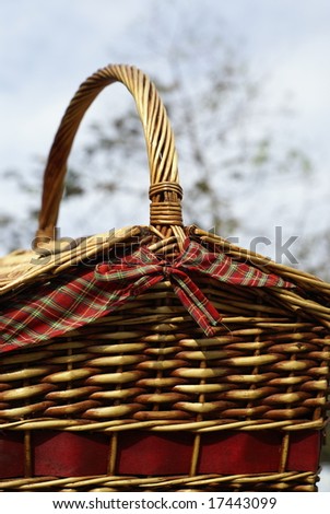 Picnic basket closeup outdoors with tree background