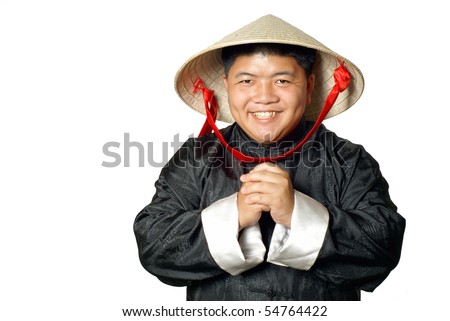  with Chinese New Year greetings wearing black costume and vietnamese hat