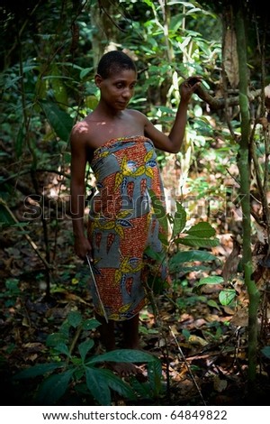 CENTRAL-AFRICAN REPUBLIC (CAR), AFRICA, NOVEMBER 2:  Jungle of the Central-African Republic. Portrait of  Baka woman in jungle. On November, 2, 2008 in Central African Republic.