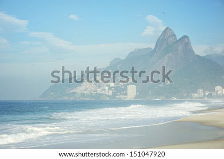 Rio de Janeiro Ipanema Beach Brazil with Two Brothers Dois Irmaos Mountain city skyline