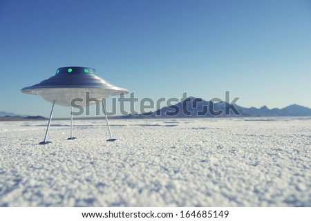 Silver metal flying saucer UFO landed on harsh white desert planet landscape