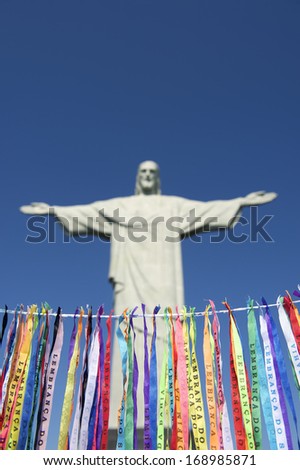 Rio Carnival Celebration Features Colorful Brazilian Lembranca Wish Ribbons At Statue Of Christ The Redeemer At Corcovado