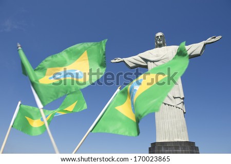Brazilian Flags Waving In Celebration At Corcovado Christ The Redeemer Rio De Janeiro Brazil