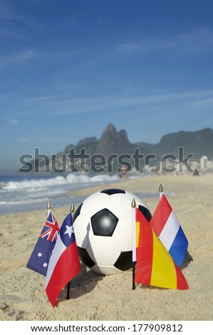 International football country Group B team flags with soccer ball on Ipanema beach in Rio de Janeiro Brazil
