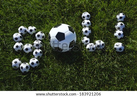 Brazilian soccer goal message spells out GOL! in footballs on dark green grass field