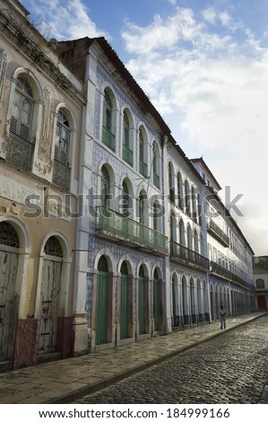 Traditional Portuguese colonial architecture color and style on Rua Portugal street in Sao Luis Brazil at dawn light